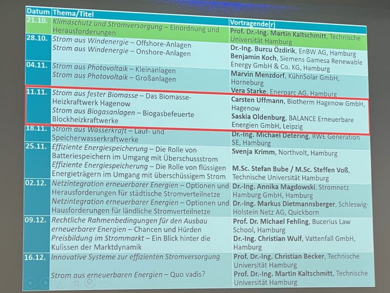 die Agenda zum Themenbereich erneuerbare Energien, hervorgehoben ist der Vortrag der biotherm Hagenow GmbH